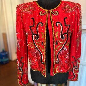 Vintage Laurence Kazar Beaded Sequin Cropped Trophy Jacket Sparkling RED